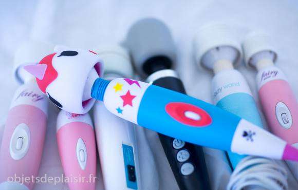 Le vibro Unicorn en compagnie d'autres vibros ultra-puissants : de gauche a droite, le Fairy, le Fairy Turbo, l'Europe Magic Wand, le Doxy Massager, le Body Wand et le Fairy Mini.