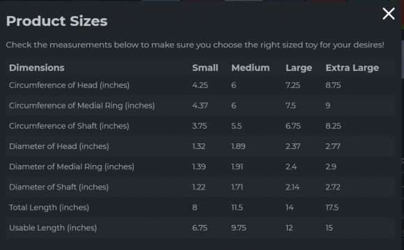 Bad Dragon - échelle des tailles des sextoys