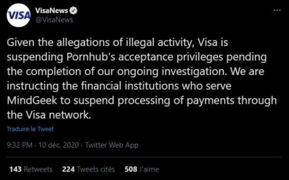 Déclaration de Visa concernant la suspension des paiements sur pornhub