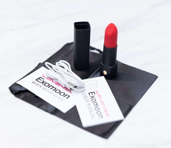 Le Lovense Exomoon, son étui, son câble de chargement et son mode d'emploi